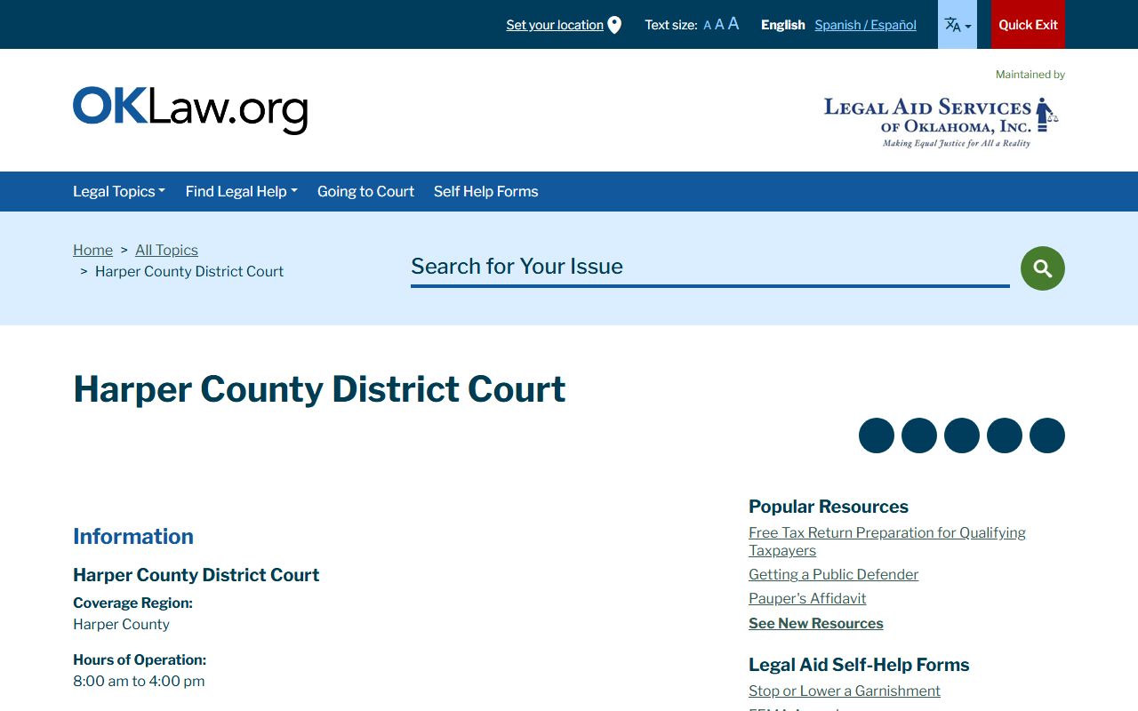 OKLaw listing with Harper County court records courthouse address and hours