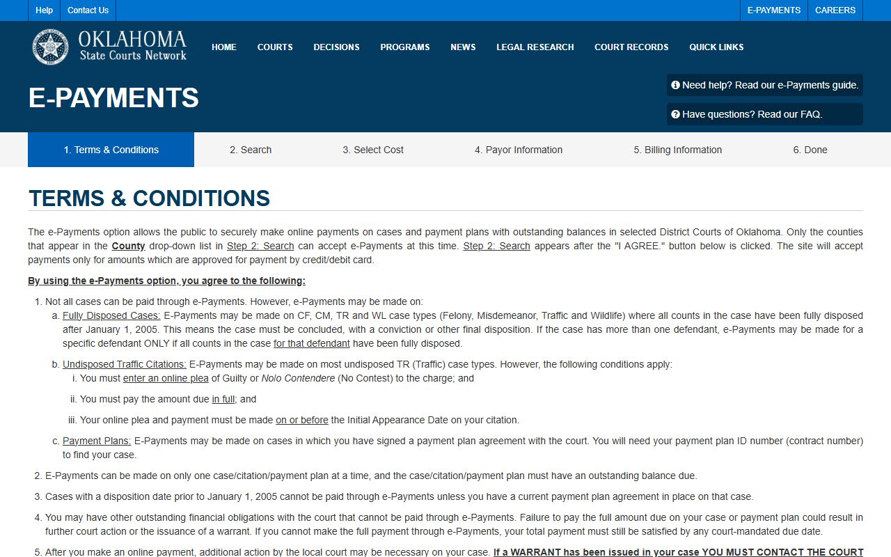 OSCN e-Payments terms page for Harper County court records balances