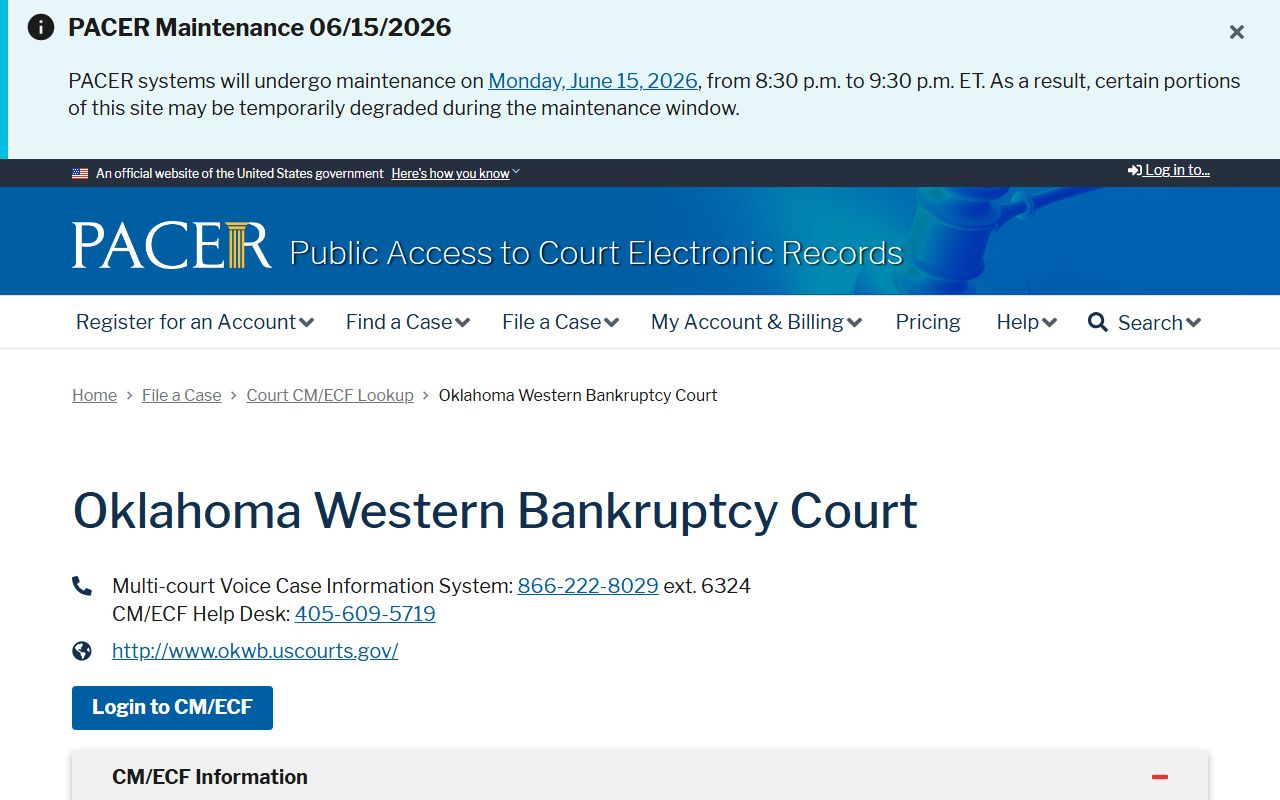 PACER bankruptcy lookup for the Western District of Oklahoma covering Harper County federal filings