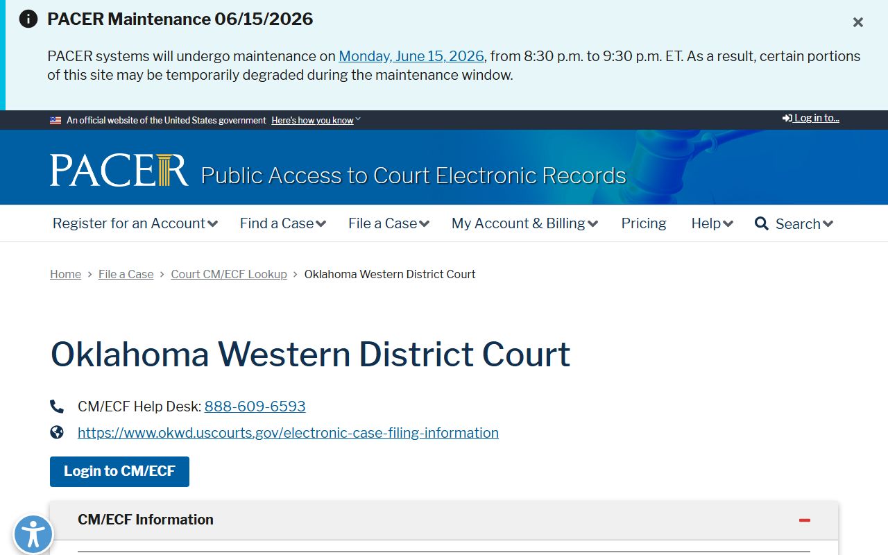 PACER lookup page for the Western District of Oklahoma serving Harper County federal court records