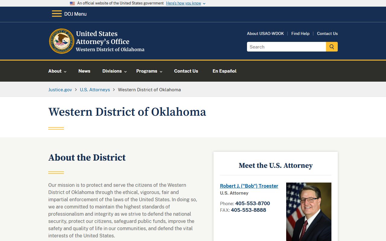U.S. Attorney Western District of Oklahoma page covering Harper County federal prosecutions