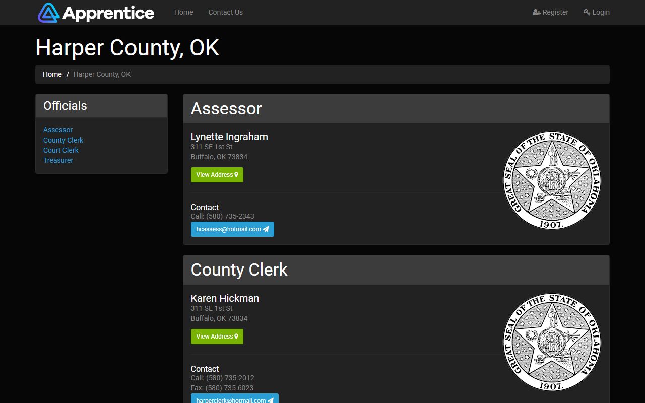 Harper County court records office listing for Court Clerk and County Clerk