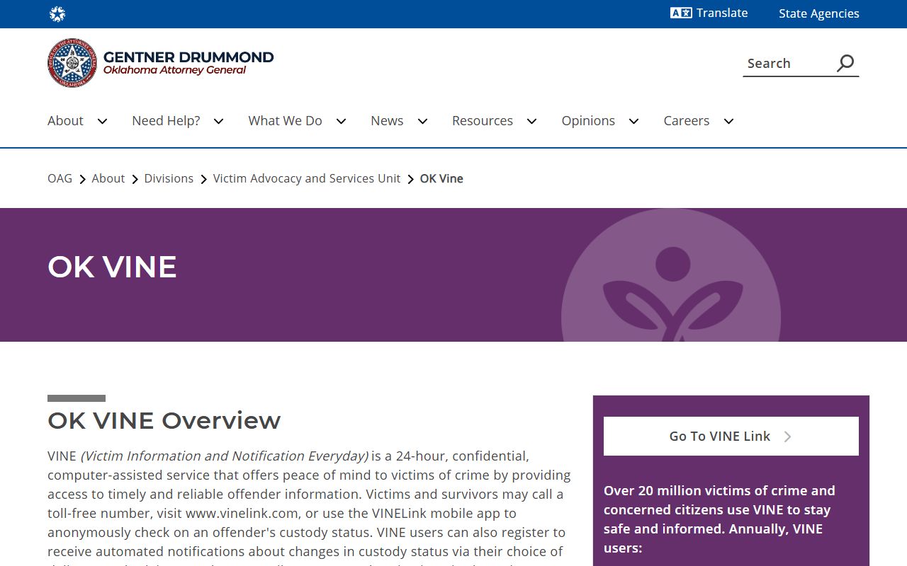 Harper County inmate custody notifications through the OK VINE service