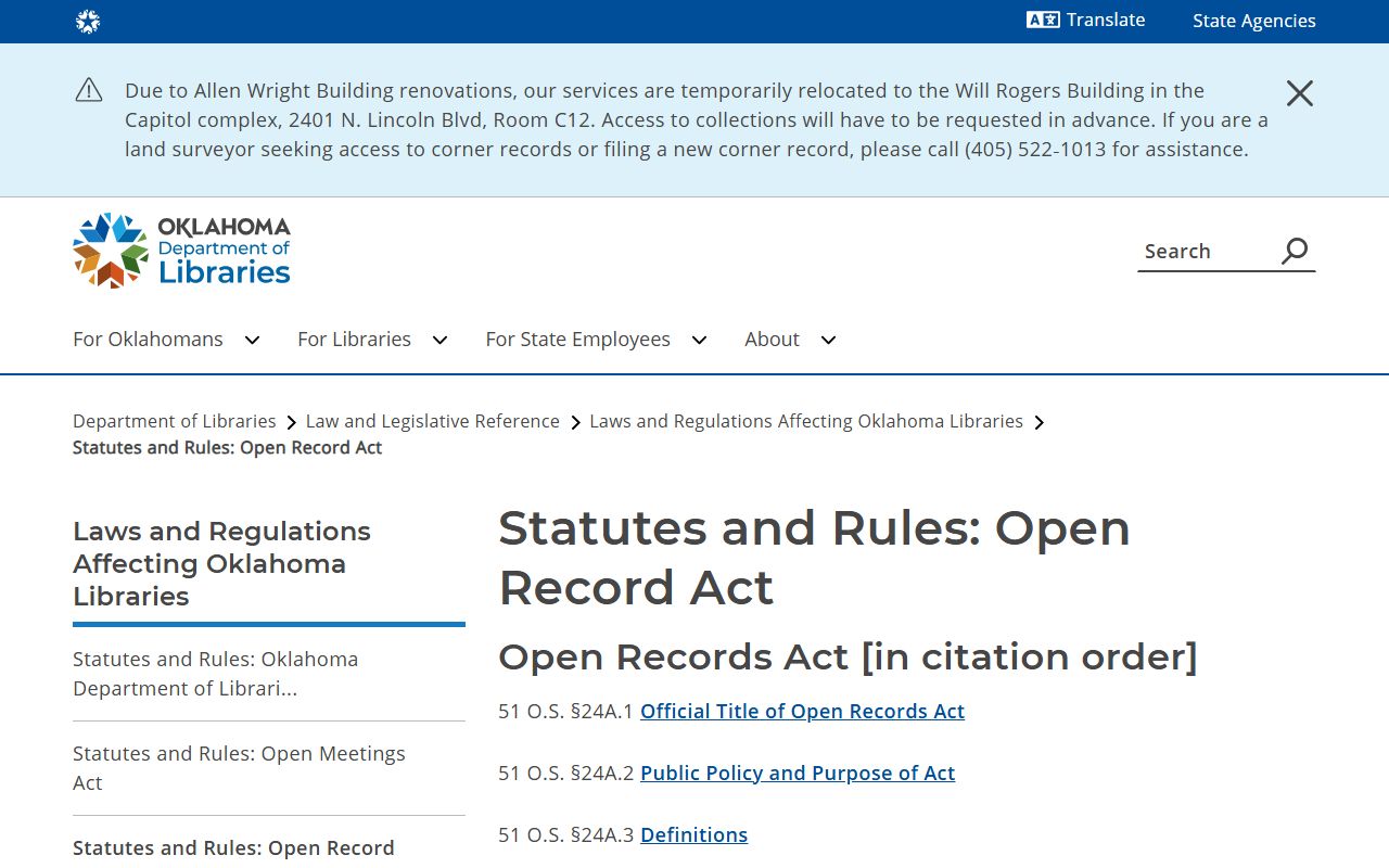 Oklahoma Open Records Act index governing Harper County court records access