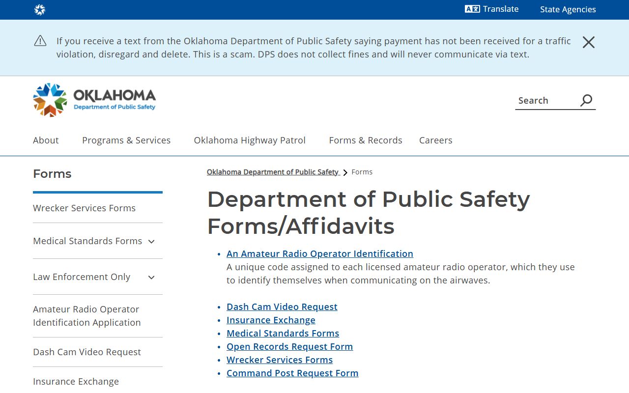 Oklahoma DPS forms page for Harper County traffic collision report requests