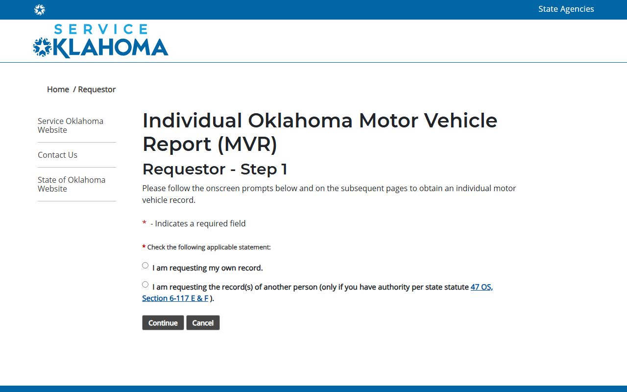 Service Oklahoma Motor Vehicle Report request screen for Harper County traffic and driver records